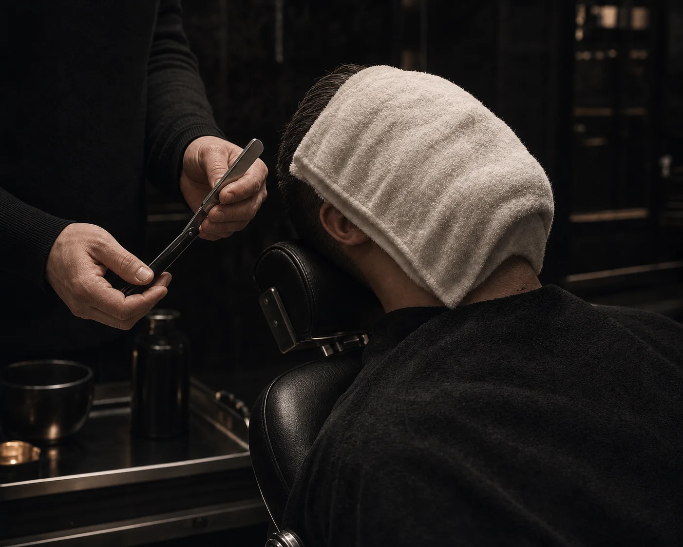 Hot towel straight-razor shave focused on the barber's hands and technique