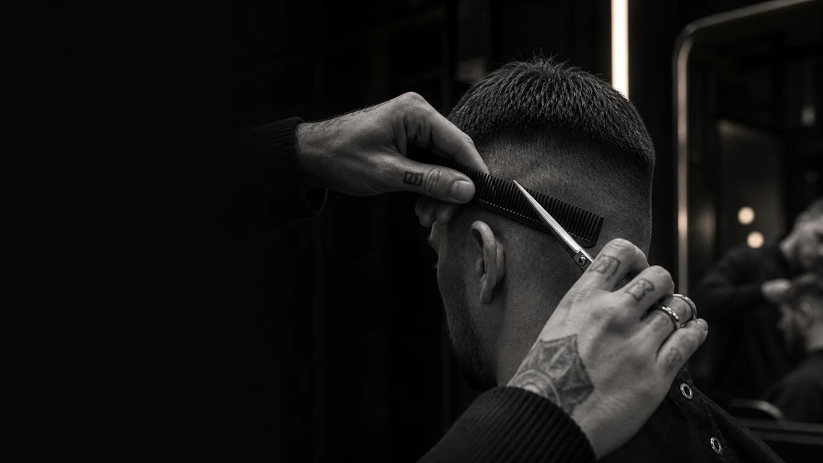 Barber refining a precision fade with scissors and a comb