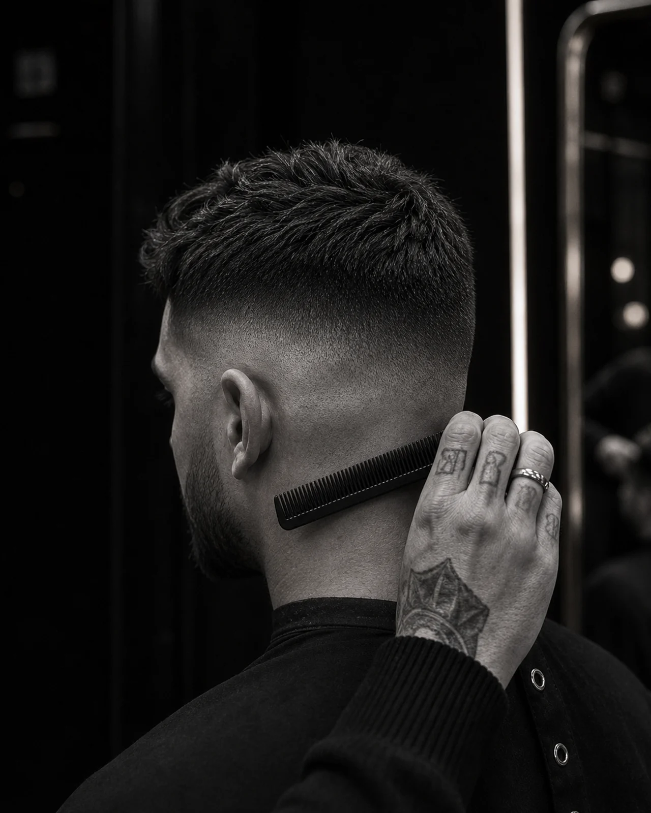 Low skin fade with a textured crop, finished by a tattooed barber